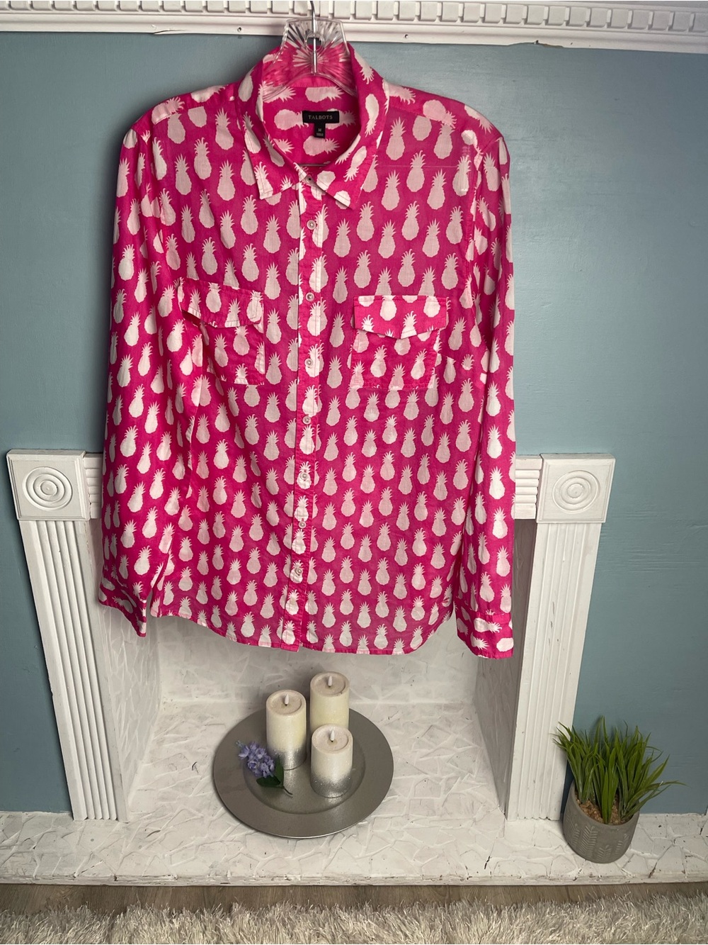 Talbots Hot Pink and White Pineapple Print Button- Up Blouse 100% Cotton
